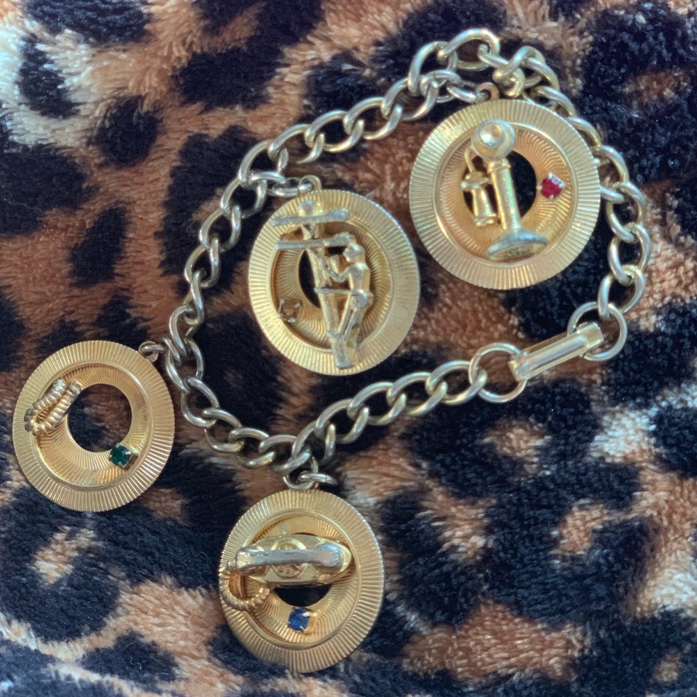 ANTIQUE VINTAGE TELEPHONE WORKER COMPANY GOLD CHARM BRACELET WITH JEWELS RARE